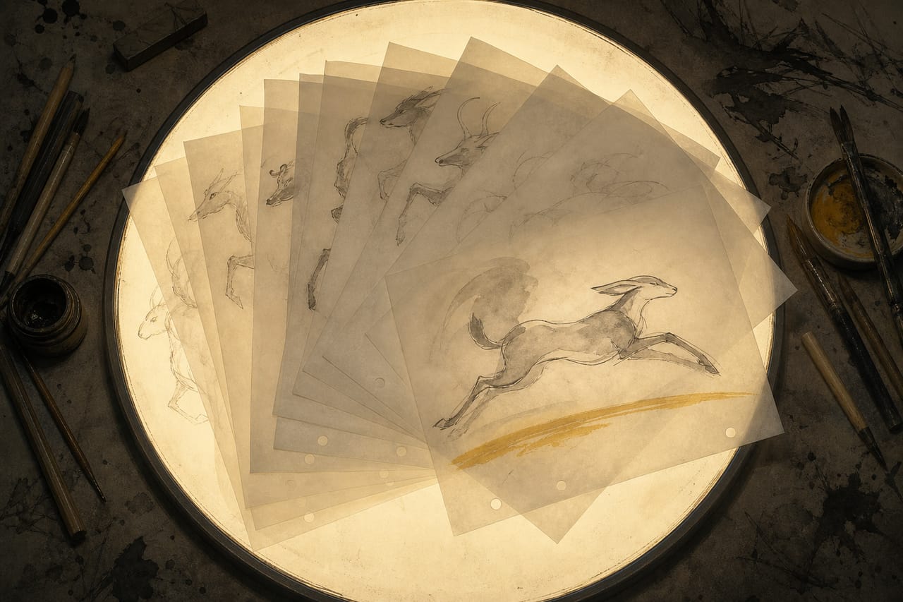 Table lumineuse vue de dessus : un disque éclairé sous un éventail de feuilles translucides, la lueur traversant la pile.