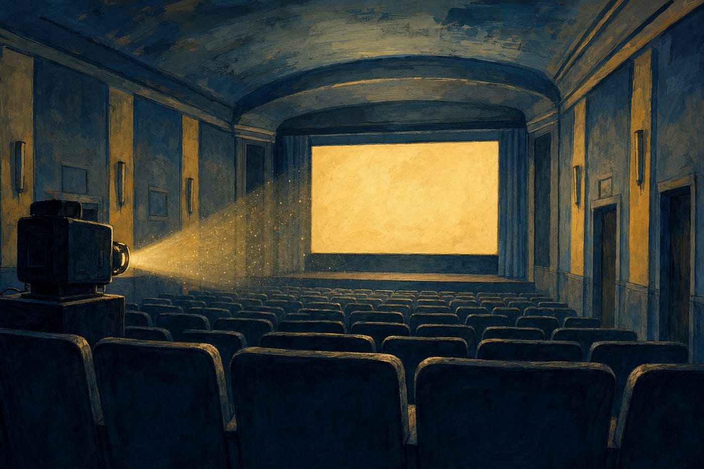 Décor peint : l’intérieur d’une petite salle de cinéma vue depuis le dernier rang, sièges dans l’ombre bleue, écran vierge éclairé d’ocre au fond.
