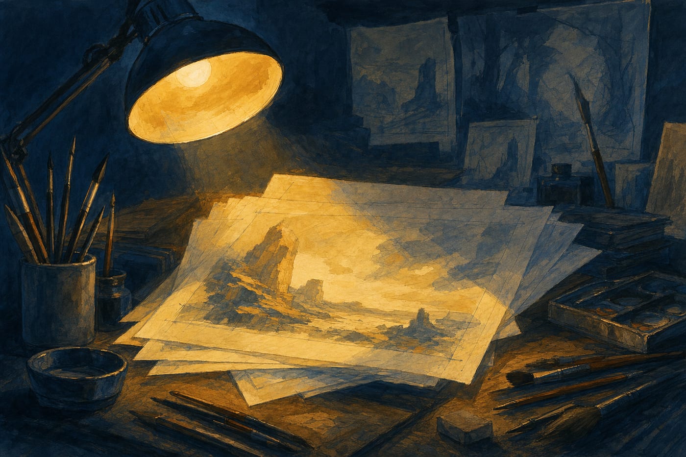 Décor peint : une table d’animation sous une lampe unique, le disque lumineux traversant une pile de feuilles translucides, le reste de la pièce dans l’ombre bleu ardoise.