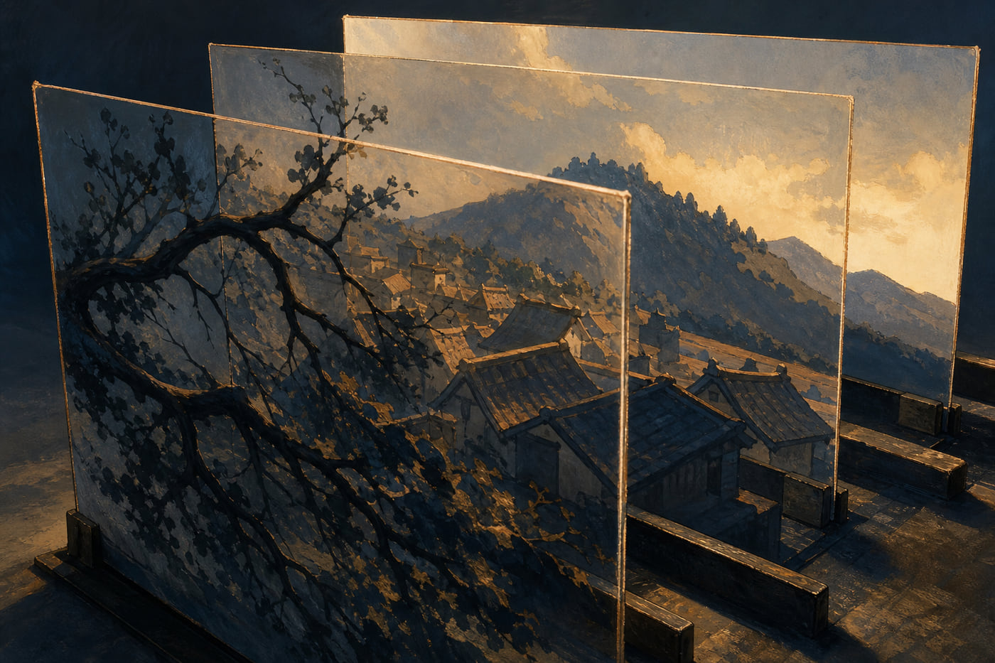 Un banc multiplane peint vu de trois quarts : quatre plaques de verre peintes empilées avec de l’air entre elles, branches au premier plan, toits, collines, ciel ocre.