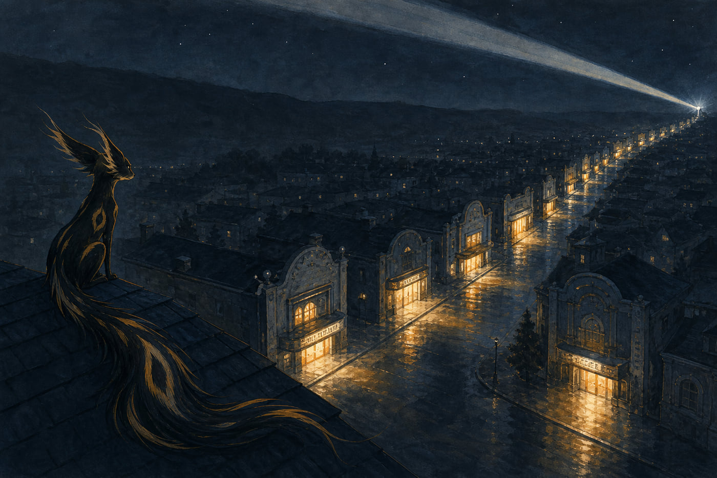Une ville de nuit peinte : une file d’entrées de cinéma s’éloignant le long d’une rue mouillée, chacune versant une lumière ocre différente sur le pavé, un faisceau pâle traversant le ciel.