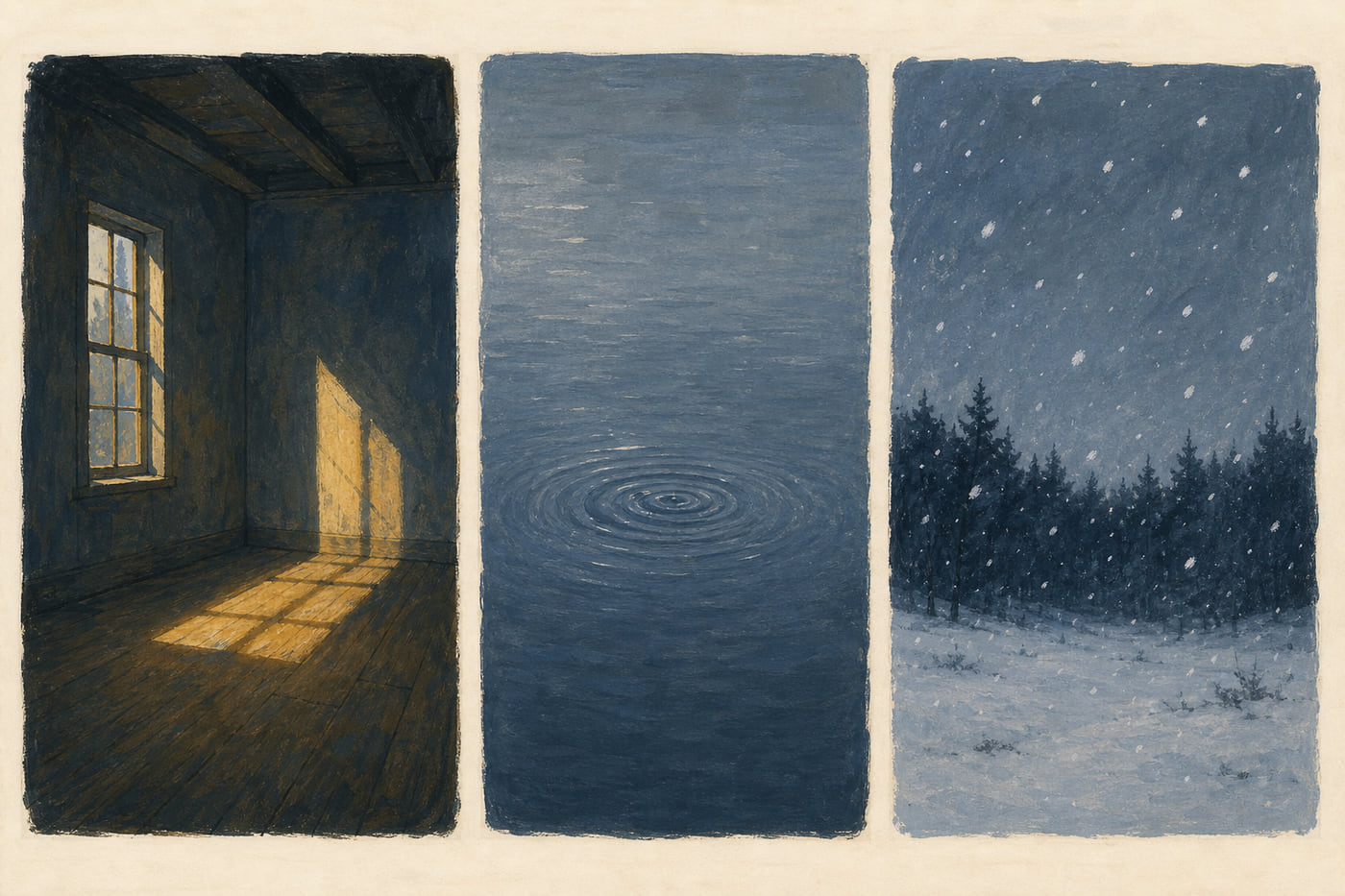 Trois panneaux peints côte à côte : une pièce vide traversée par un rai de lumière ocre, une étendue d’eau bleu ardoise à peine ridée, et de la neige tombant sur une lisière sombre.