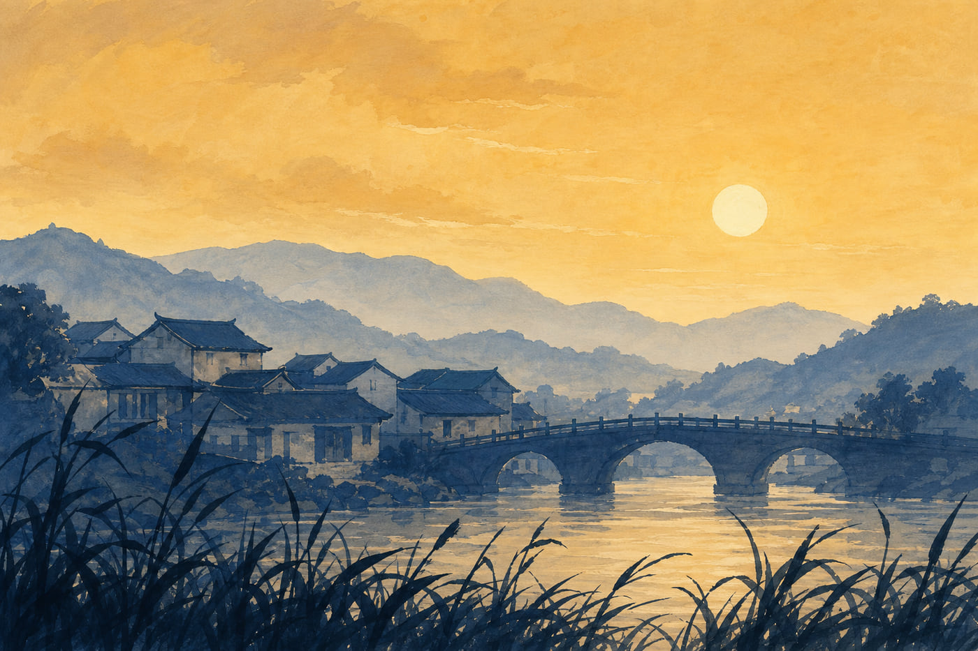 Décor peint en plans étagés : herbes sombres au premier plan, toits et pont bleu ardoise au milieu, collines pâlissant vers l’horizon, ciel ocre.