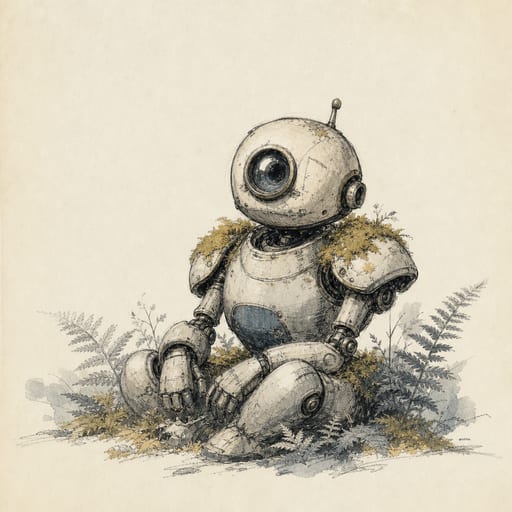 Illustration éditoriale à l’encre : un robot de récupération arrondi, un œil-objectif unique, de la mousse sur les épaules, assis dans les fougères.