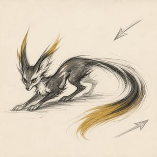 Croquis de storyboard : la créature accroupie prête à bondir, avec deux flèches de caméra au crayon.